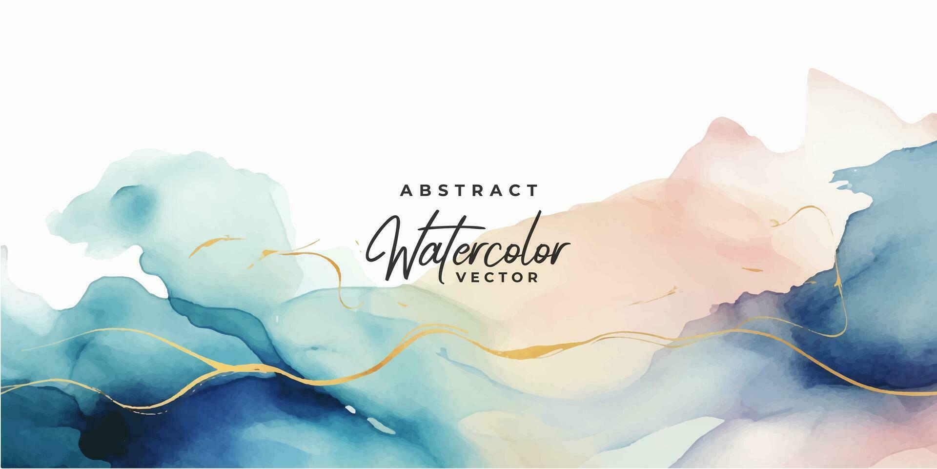 Watercolor art background vector. Wallpaper design with paint brush and gold line art. Earth tone blue, pink, ivory, beige watercolor Illustration for prints, wall art, cover and invitation cards. vector