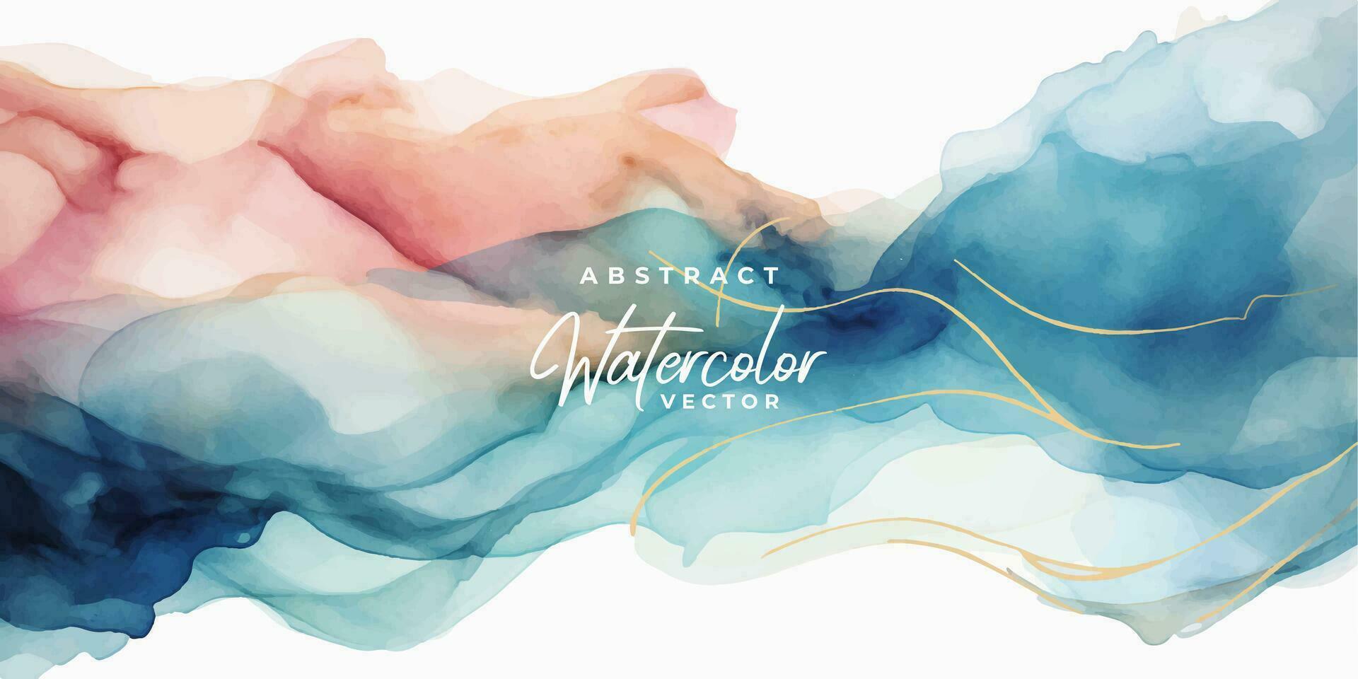 Watercolor art background vector. Wallpaper design with paint brush and gold line art. Earth tone blue, pink, ivory, beige watercolor Illustration for prints, wall art, cover and invitation cards. vector