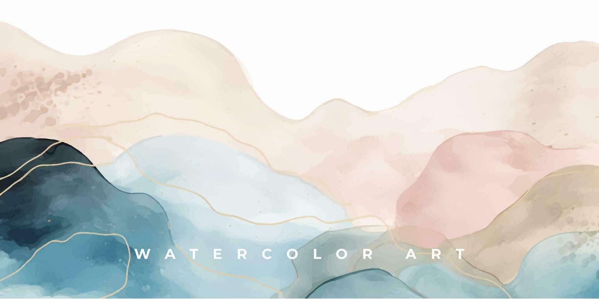 Watercolor art background vector. Wallpaper design with paint brush and gold line art. Earth tone blue, pink, ivory, beige watercolor Illustration for prints, wall art, cover and invitation cards. vector