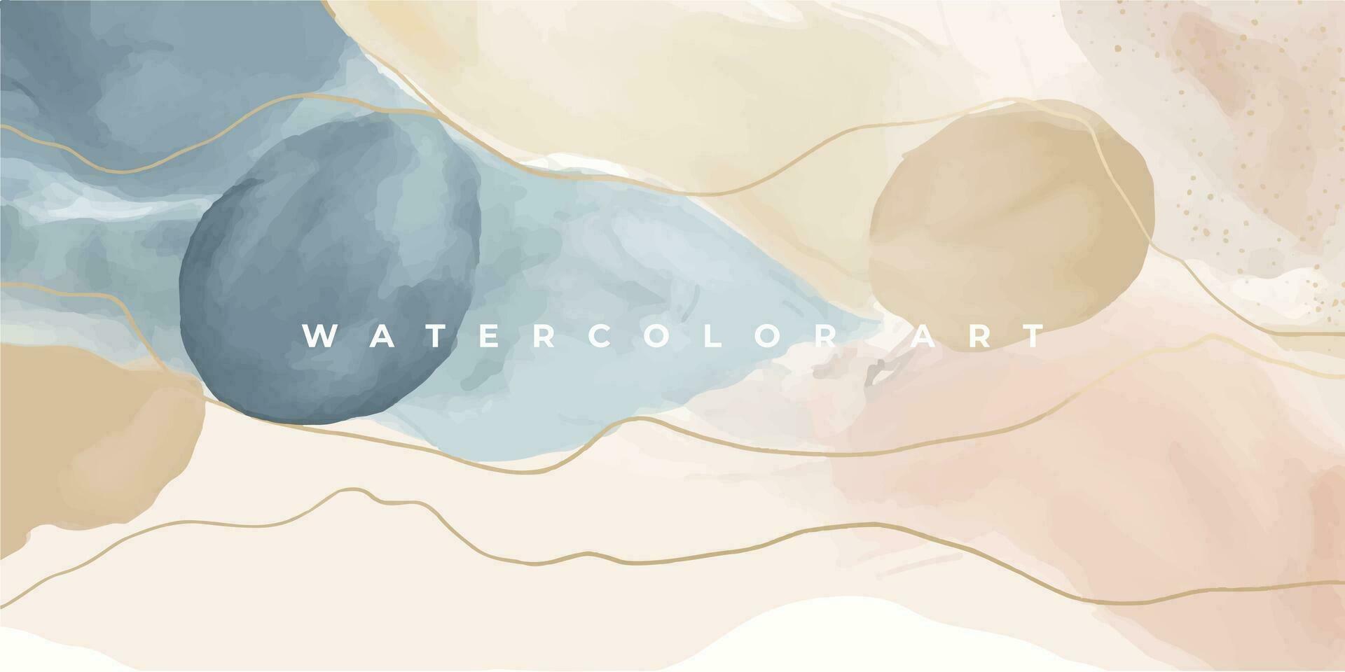 Watercolor art background vector. Wallpaper design with paint brush and gold line art. Earth tone blue, pink, ivory, beige watercolor Illustration for prints, wall art, cover and invitation cards. vector