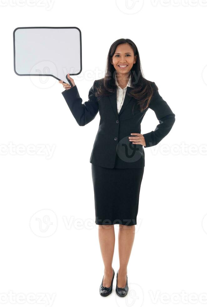 full length of mixed race asian business woman holding white board with copy space for text, isolated over white background photo