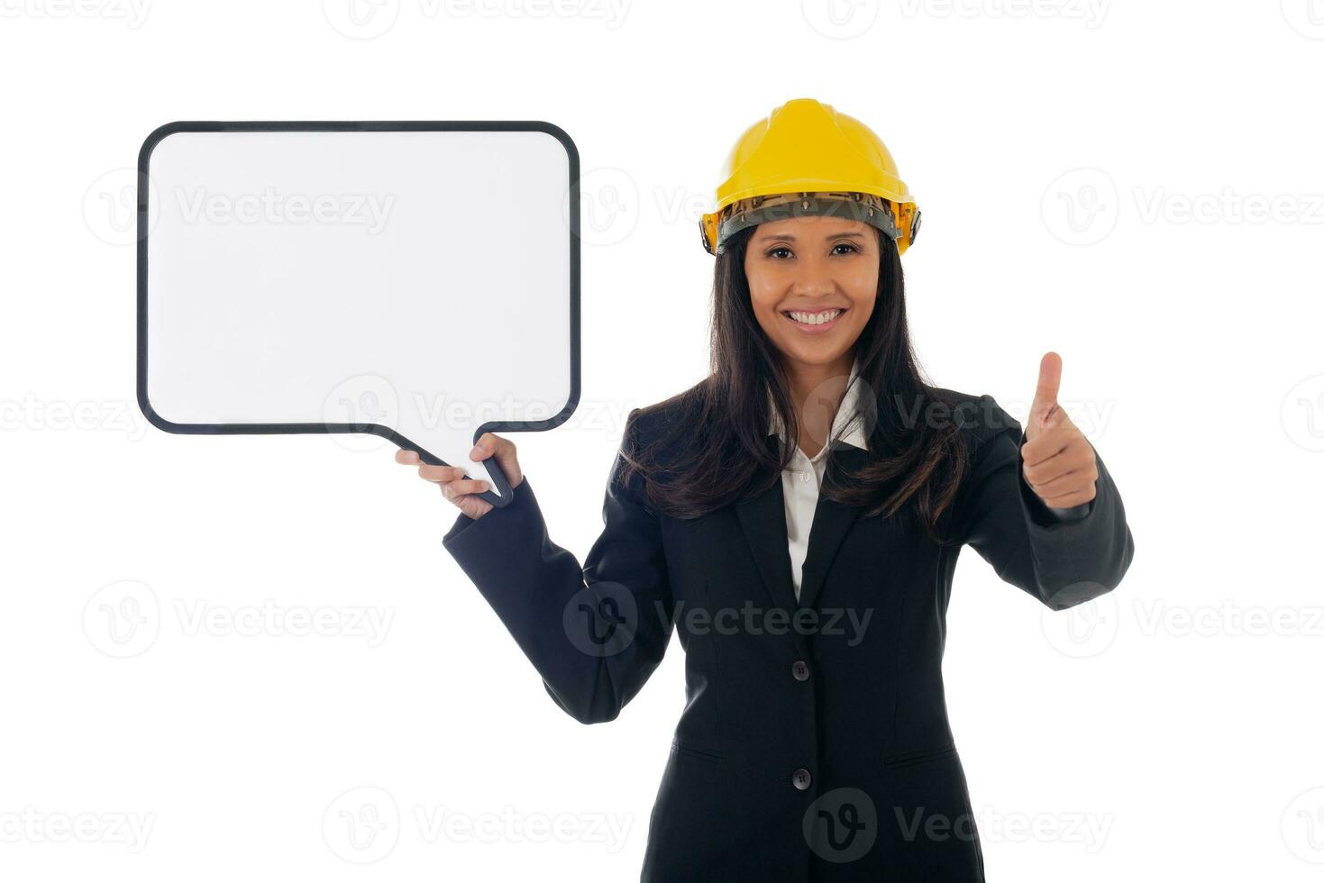 Portrait of asian smiling woman architect holding white board and showing thumbs up gesture. Isolated portrait of woman engineer photo