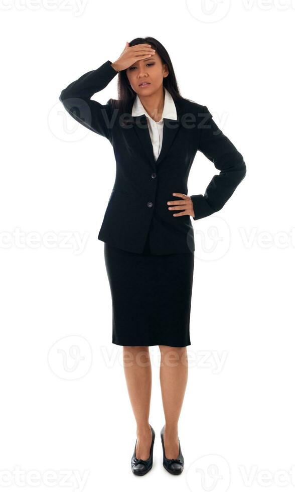 full length of stressed young attractive asian businesswoman isolated on white background photo