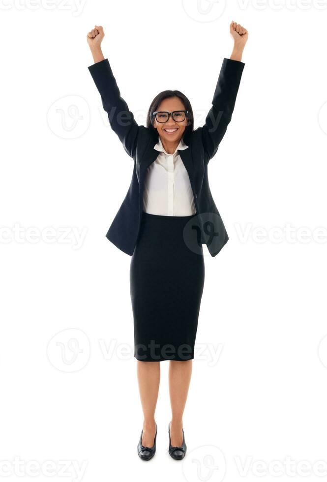 Winner mixed race asian woman celebrating success with arms up Isolated on white background photo