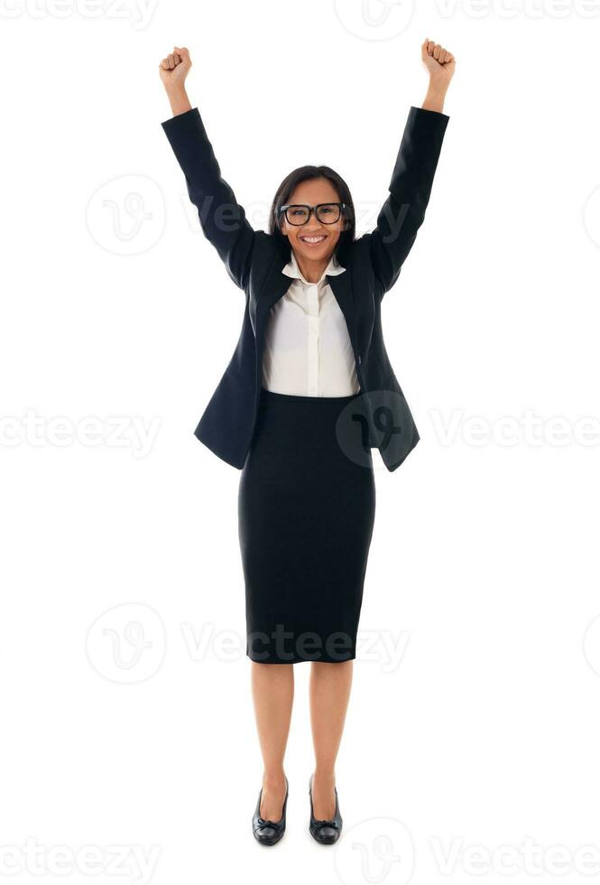 Winner mixed race asian woman celebrating success with arms up Isolated on white background photo