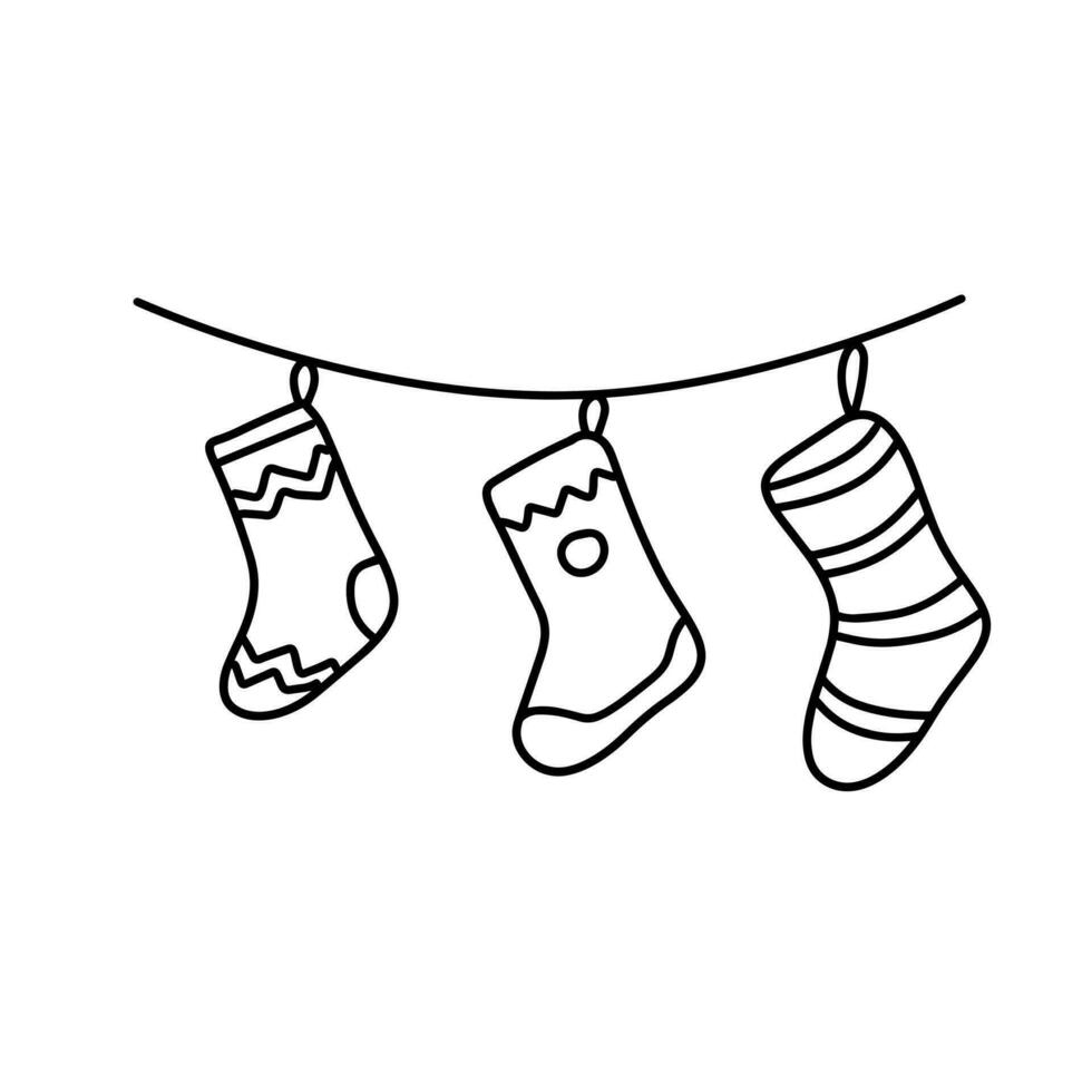 Christmas socks for gifts on rope. Festive decoration for new year. Celebration and decor. Doodle cartoon vector