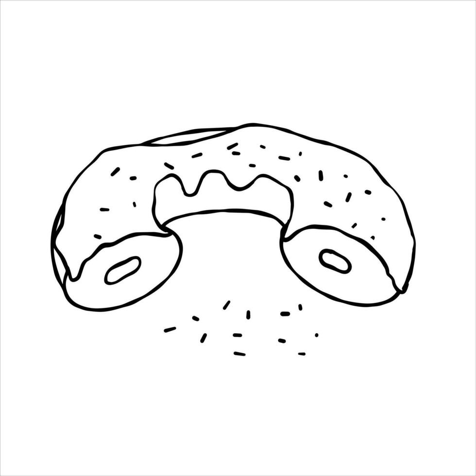 Bitten Donut with glaze. Sweet sugar dessert with icing. Outline cartoon illustration isolated on white background vector
