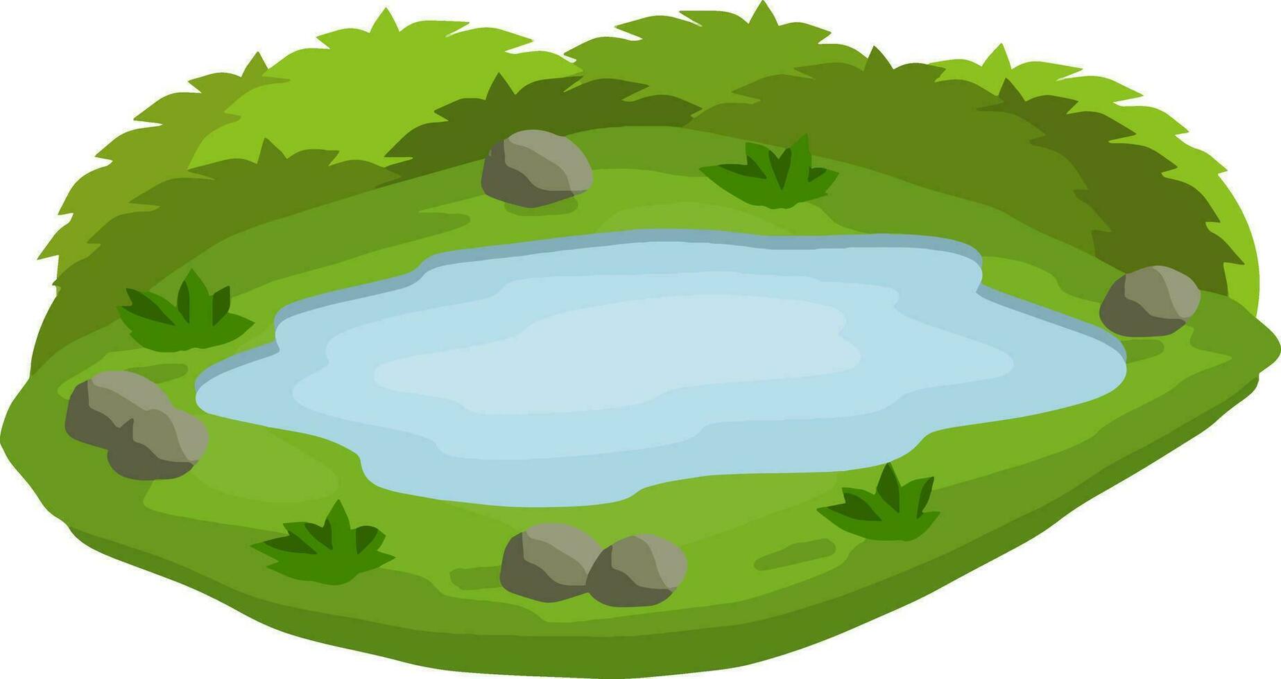 estanque y pantano, lago. plano dibujos animados. antecedentes para ilustración. paisaje con césped, piedras y arbusto. elemento de naturaleza y bosque y agua. plataforma y suelo vector