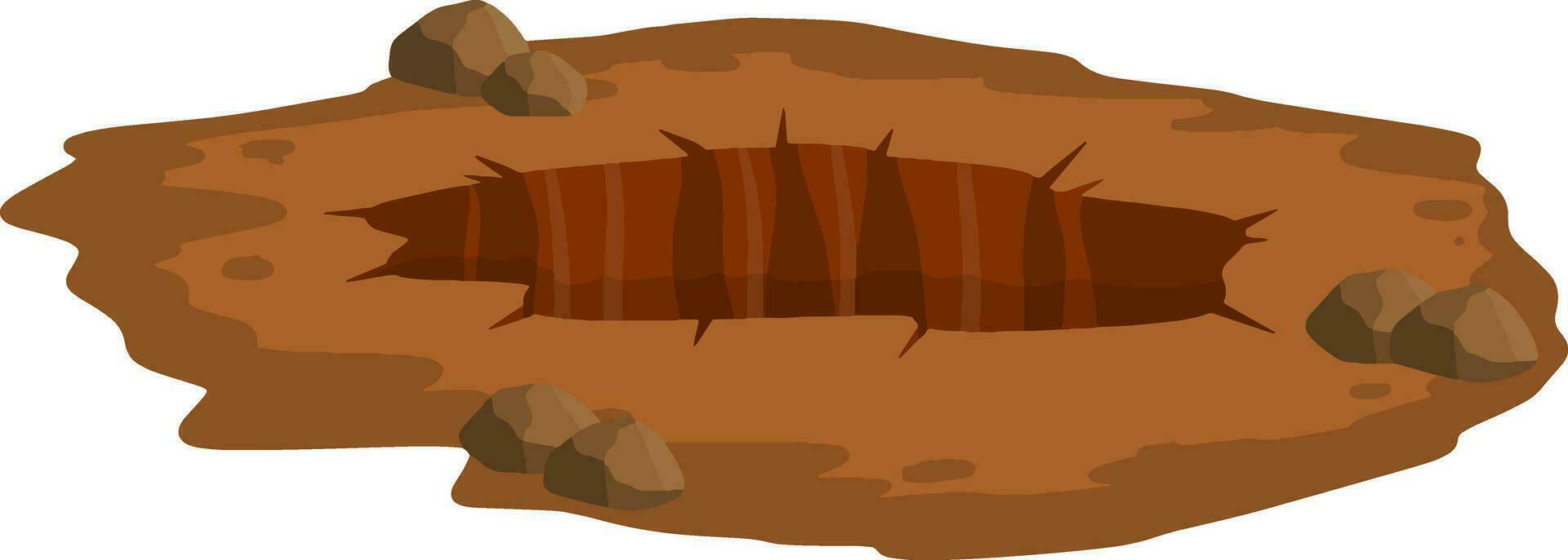 Big hole in ground. Brown dry soil and mine. Element of desert landscape. Cartoon illustration vector