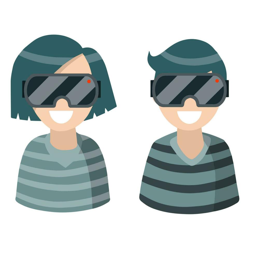 Young boy and girl in VR glasses. Virtual reality. Modern computer games and technologies. Woman, man and entertainment. Set of Flat cartoon illustration vector