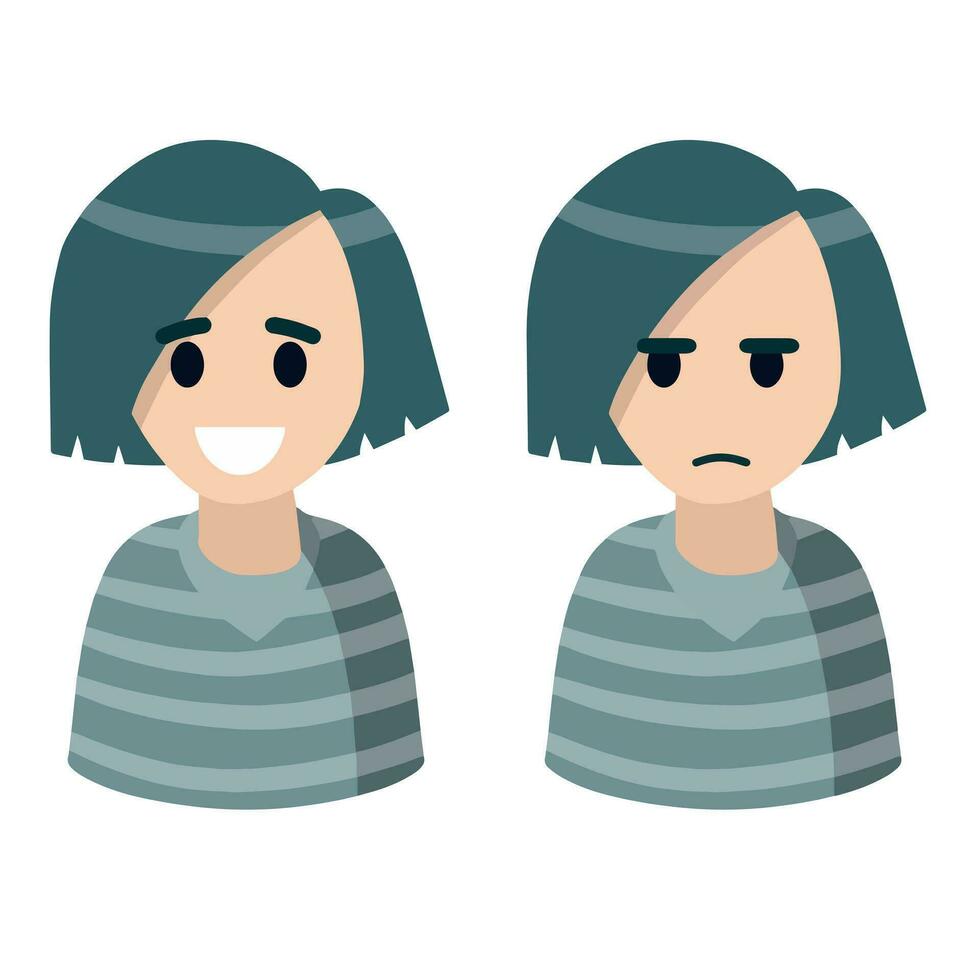 Dark haired woman. Set of female emotions. Bob cut hairstyle. Joy and sadness. Cute female character in blue clothes for social network avatar. Smile and sad. Flat cartoon vector