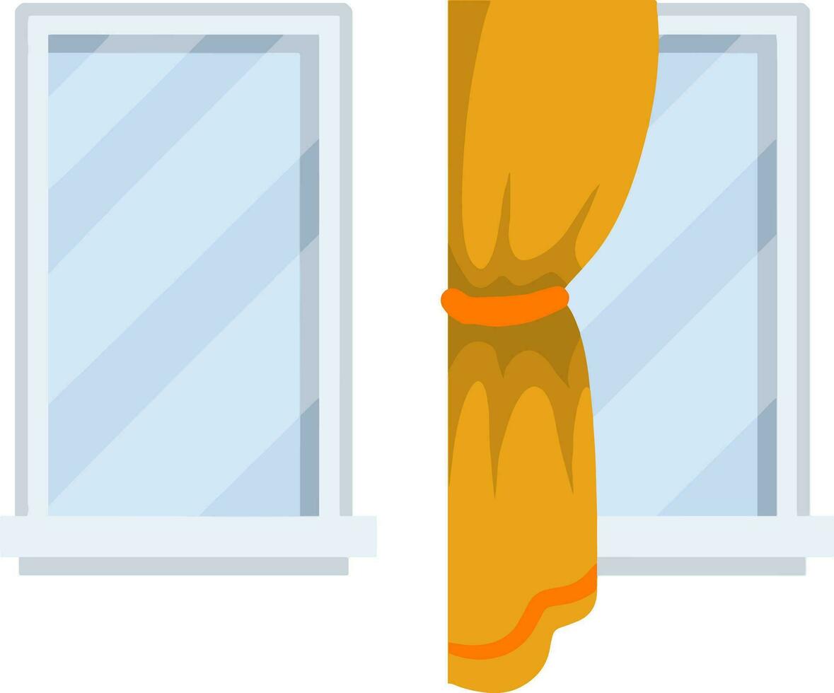 Blue glass and orange curtains. Flat Element of decoration of room and wall of house. vector