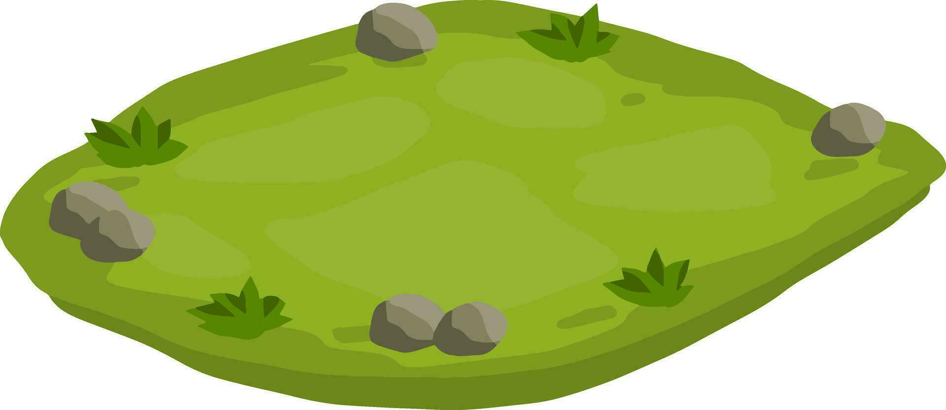 Landscape with grass, stones. Element of nature and forests. Background for illustration. Lawn, sward and greensward. Flat cartoon. Platform and ground vector