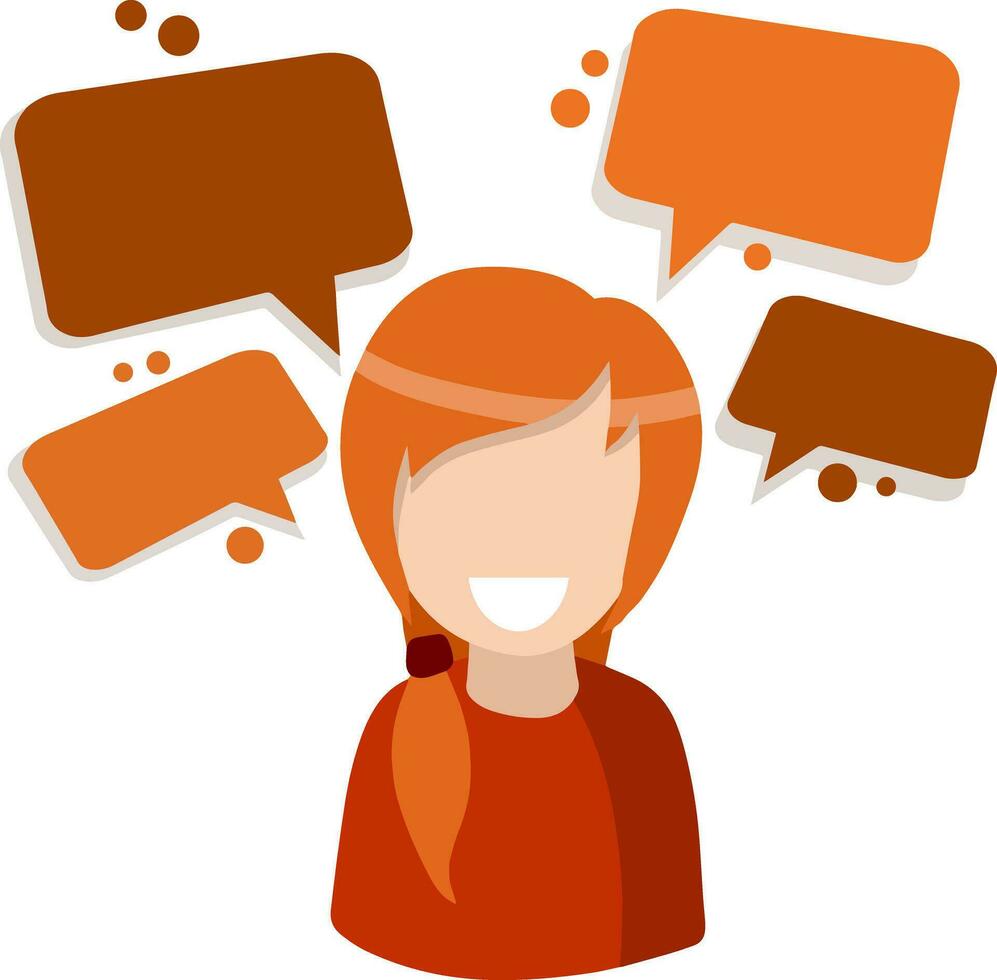 Cute female character in red clothes for social network avatar. Flat cartoon Cloud text bubble dialog. Conversation and Talk. vector