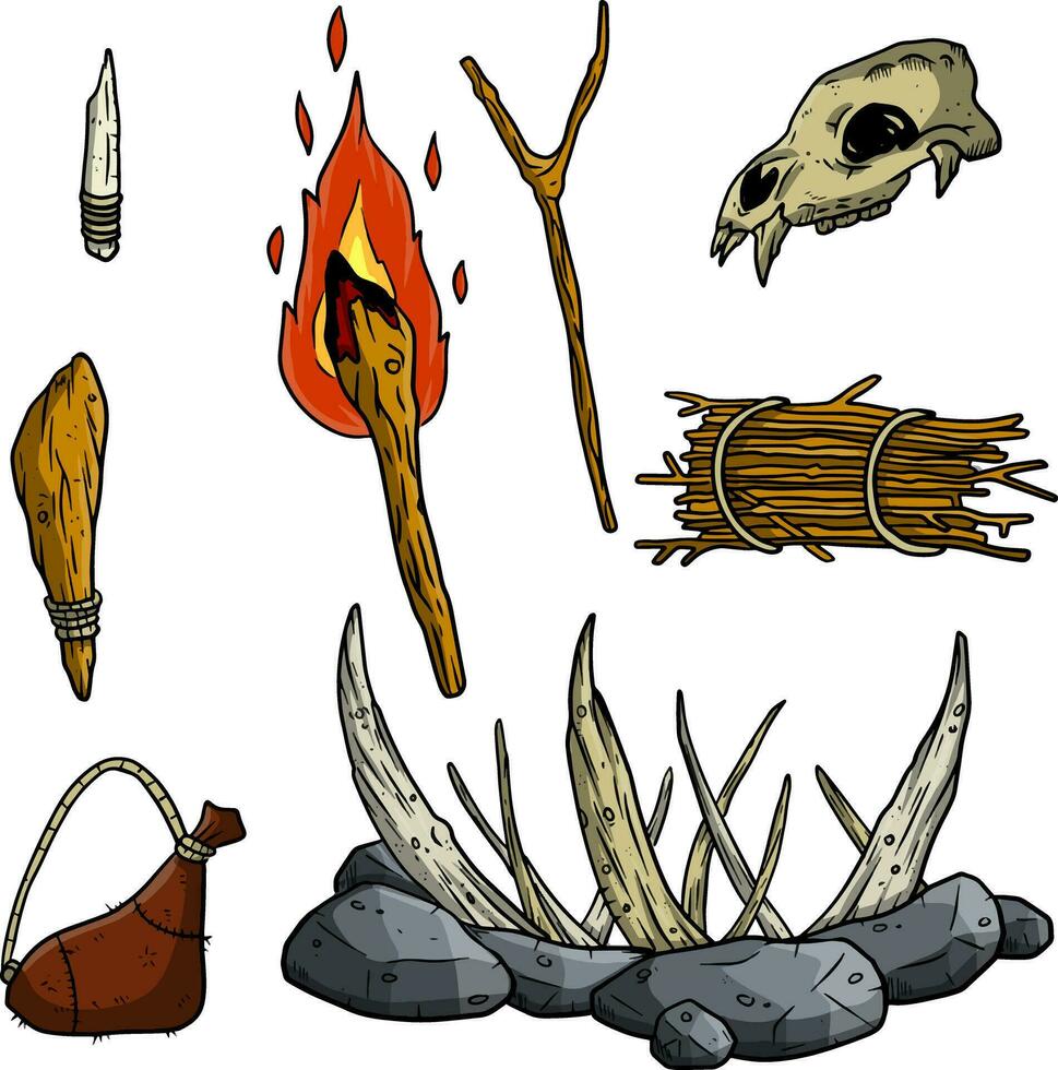 Set of items of primitive man and hunter. Weapons of caveman. Stone age club, trap, fire and animal skull. Totem and wand of shaman. Lifestyle and tool. Cartoon illustration vector