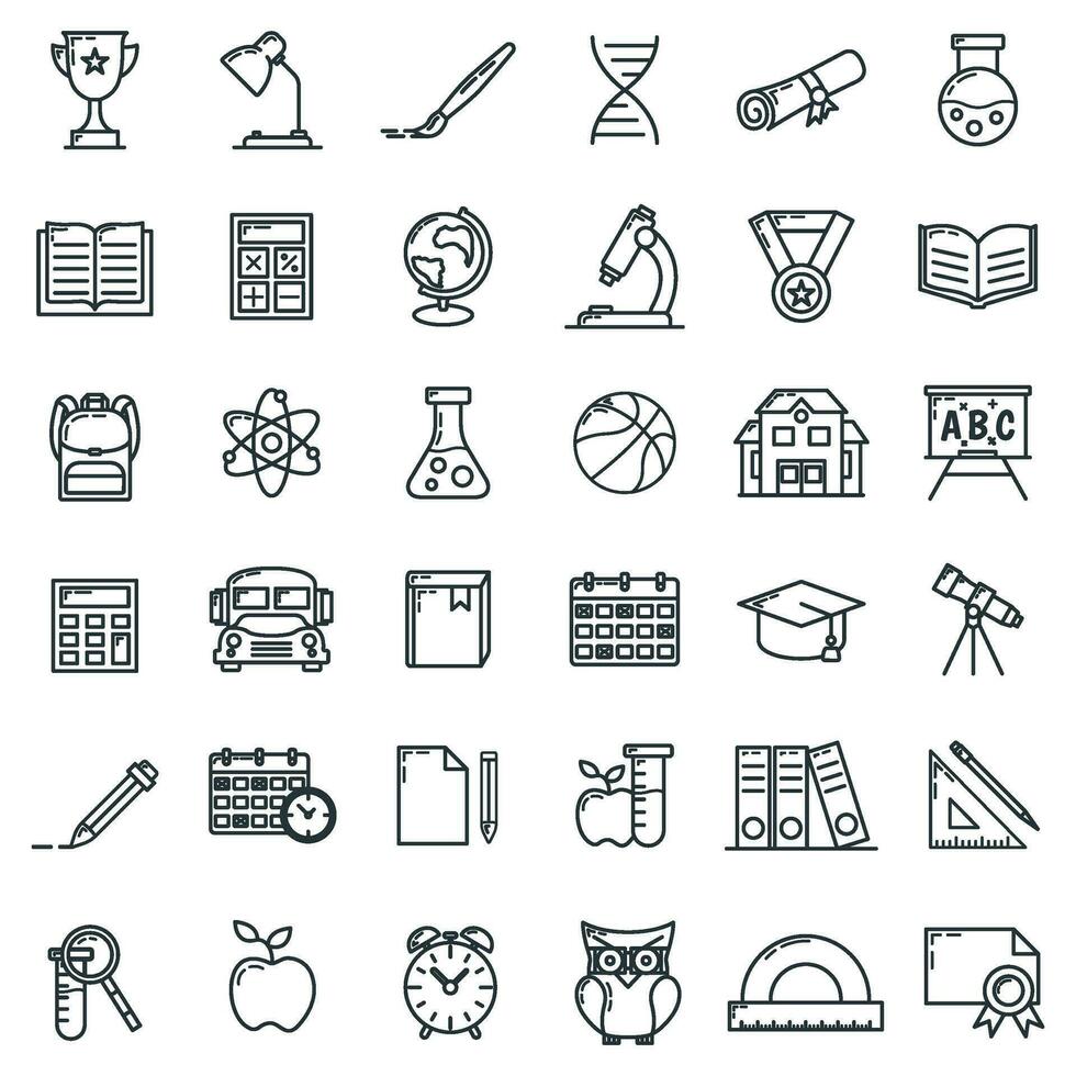 Concept set back to school icon, educational institution process, outline flat vector illustration, isolated on white, scientific material.