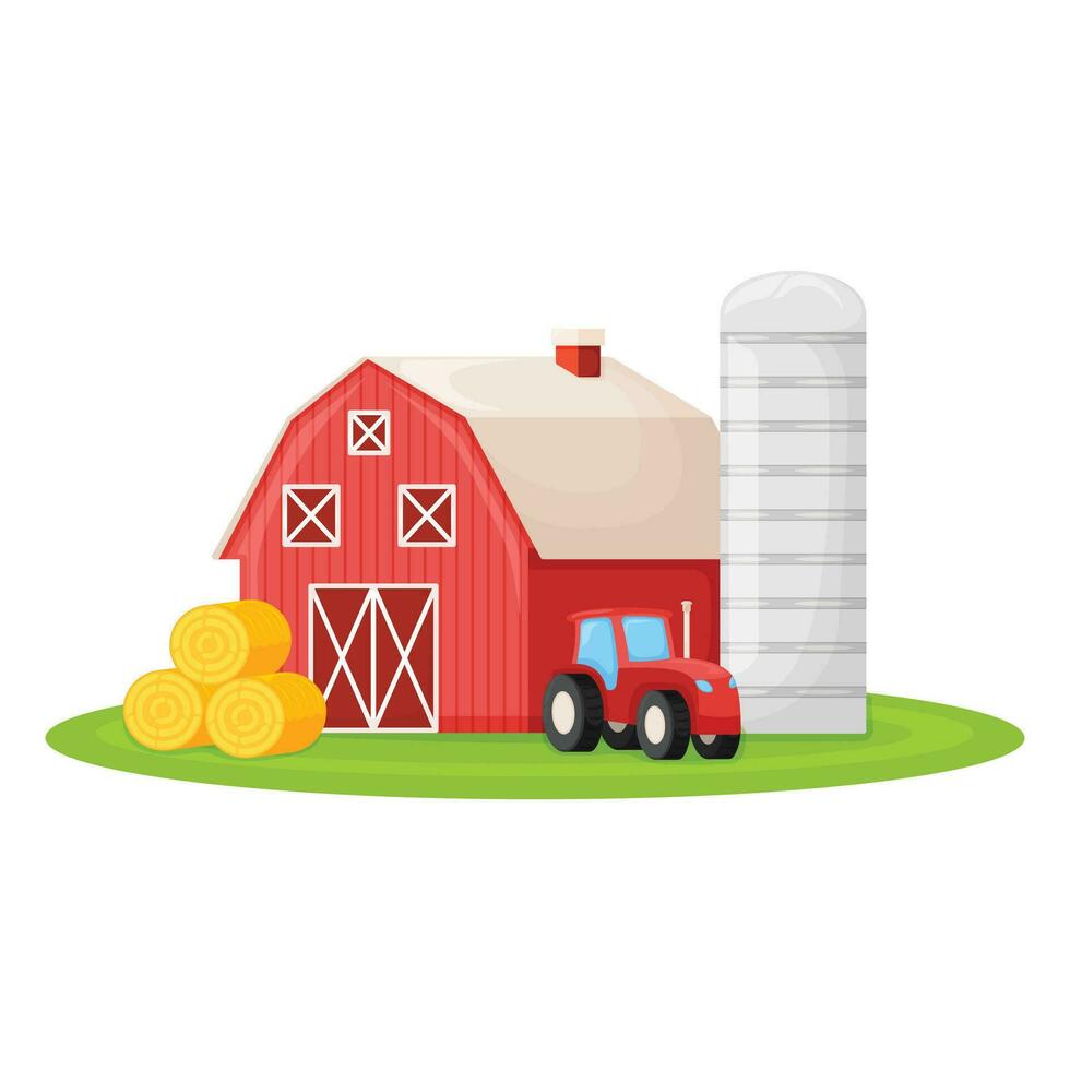 Country house with red barn, farmer tractor and granary building on green farm field plot cartoon vector illustration, isolated on white.