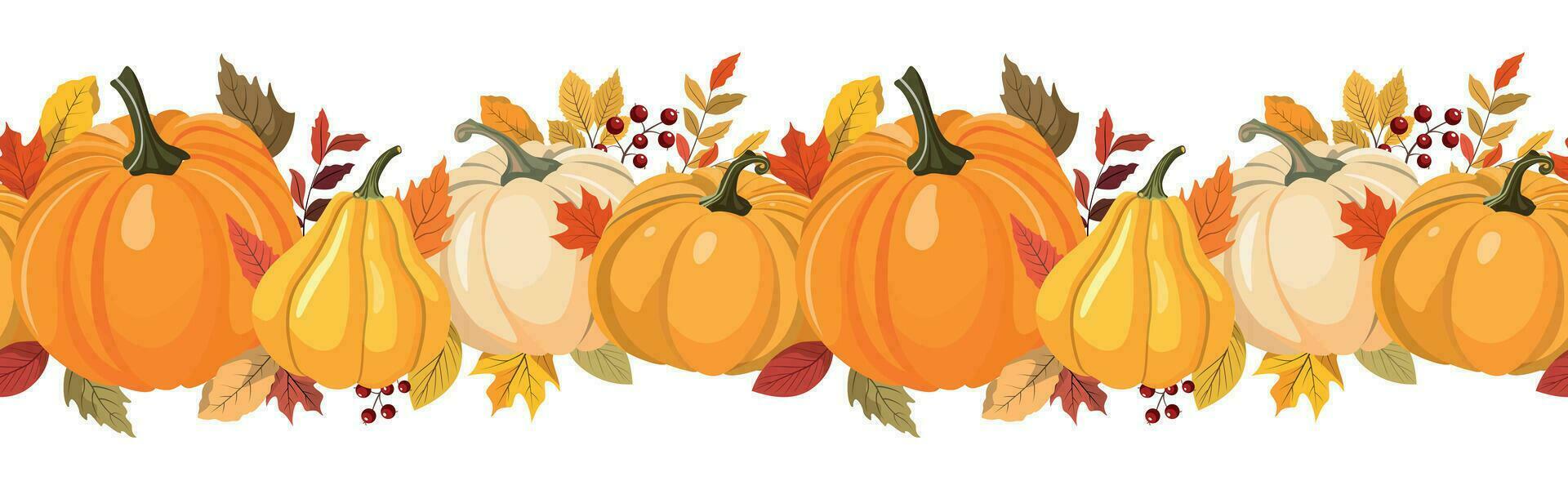 Colorful autumn color pumpkins, berries, and leaves horizontal seamless pattern. Isolated on white background. Seasonal fall banner design for greeting or promotion. vector
