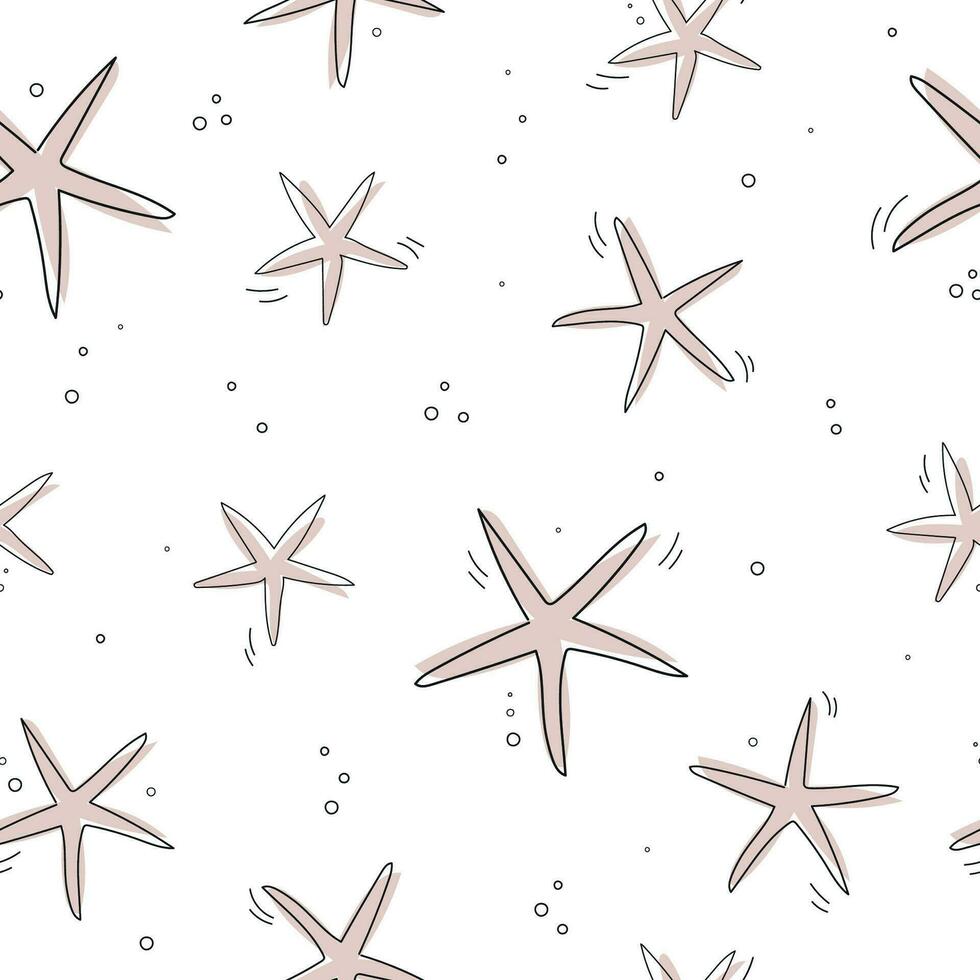 Starfish seamless pattern. One line drawing of a seastars. Hand drawn marine illustrations of starfishes. Summer tropical ocean beach style vector