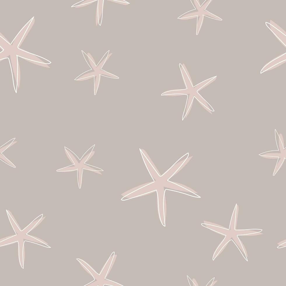 Starfish seamless pattern. Pattern with seastars in muted colors. One line drawing of a seastars. Hand drawn marine illustrations of starfishes. Summer tropical ocean beach style vector