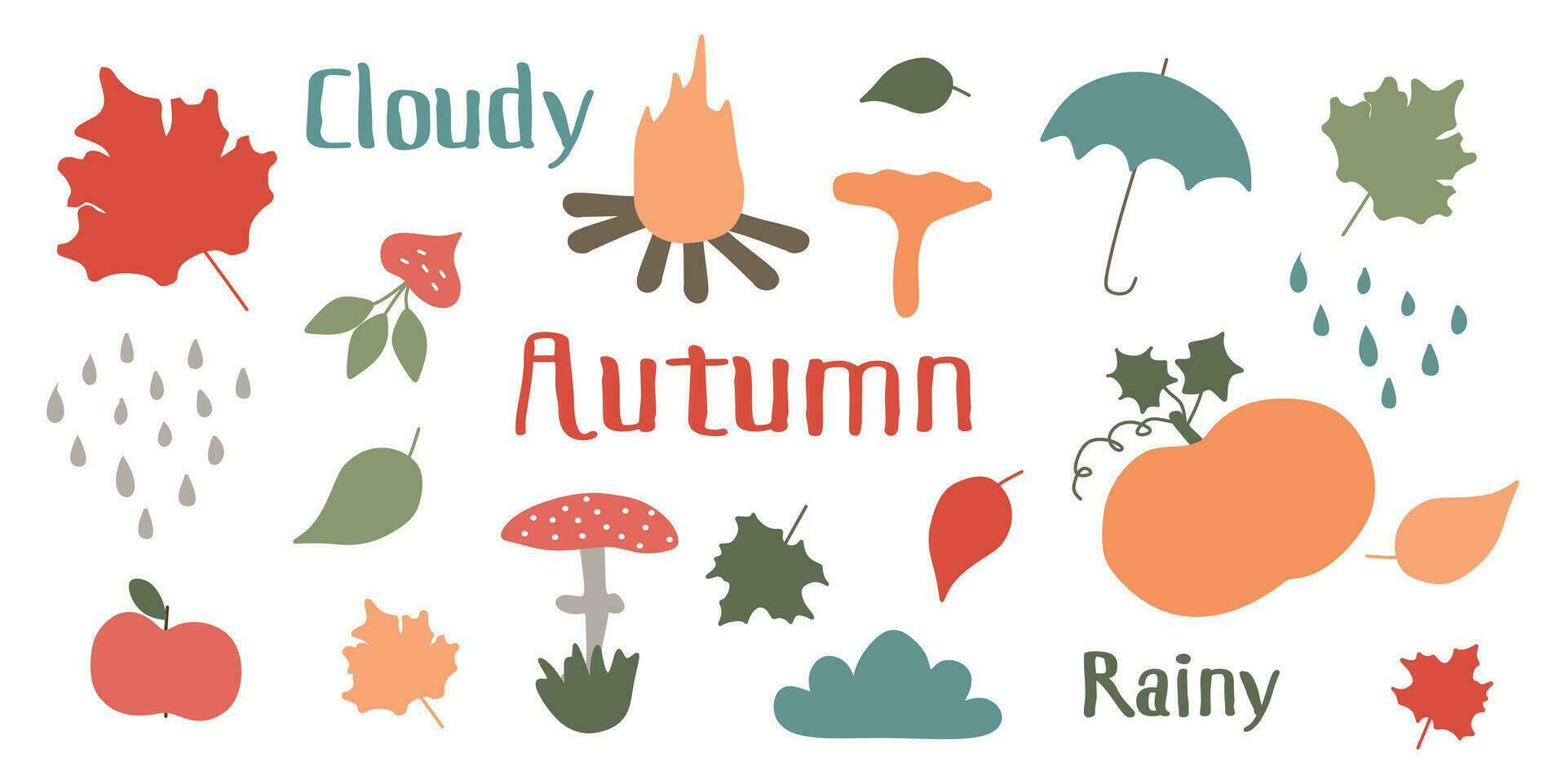 Set of Autumn vector illustrations. Seasonal clipart with Leaves, mushrooms, umbrella, pumpkin, marshmallow, bonfire, lettering. Flat style collection, desing elements. Warm pastel colors. Hand drawn