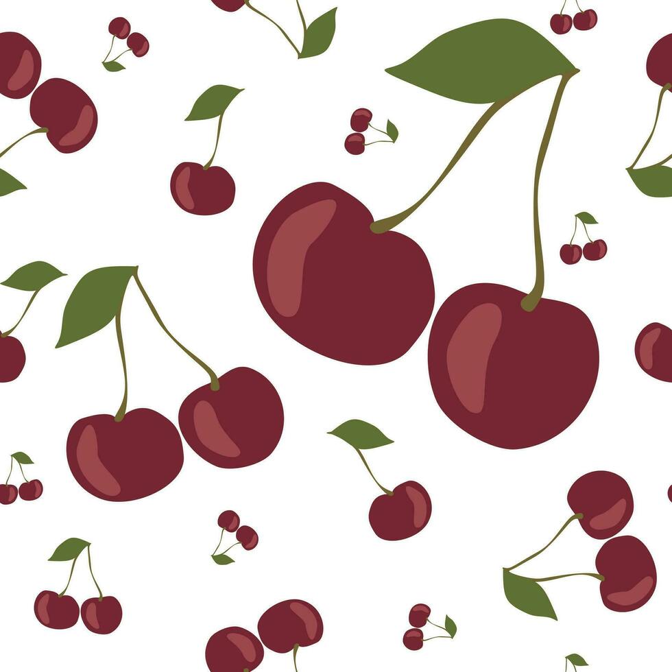 Cherry seamless pattern. Flat fruit isolated on white, vector illustration. Endless Summer background. Design art for picnic blanket, swimsuit. Template for textile, wrapping paper, postcard, banner.