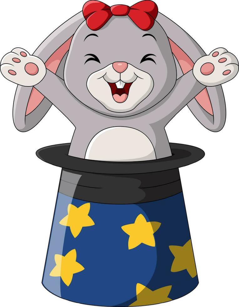 Cute rabbit cartoon appearing from a magic top hat vector