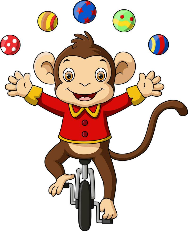 Cute circus monkey with riding one wheel bike and juggling balls vector