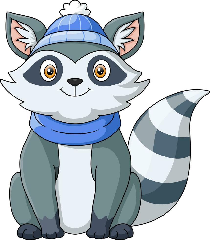 Cute raccoon cartoon wearing hat and scarf vector