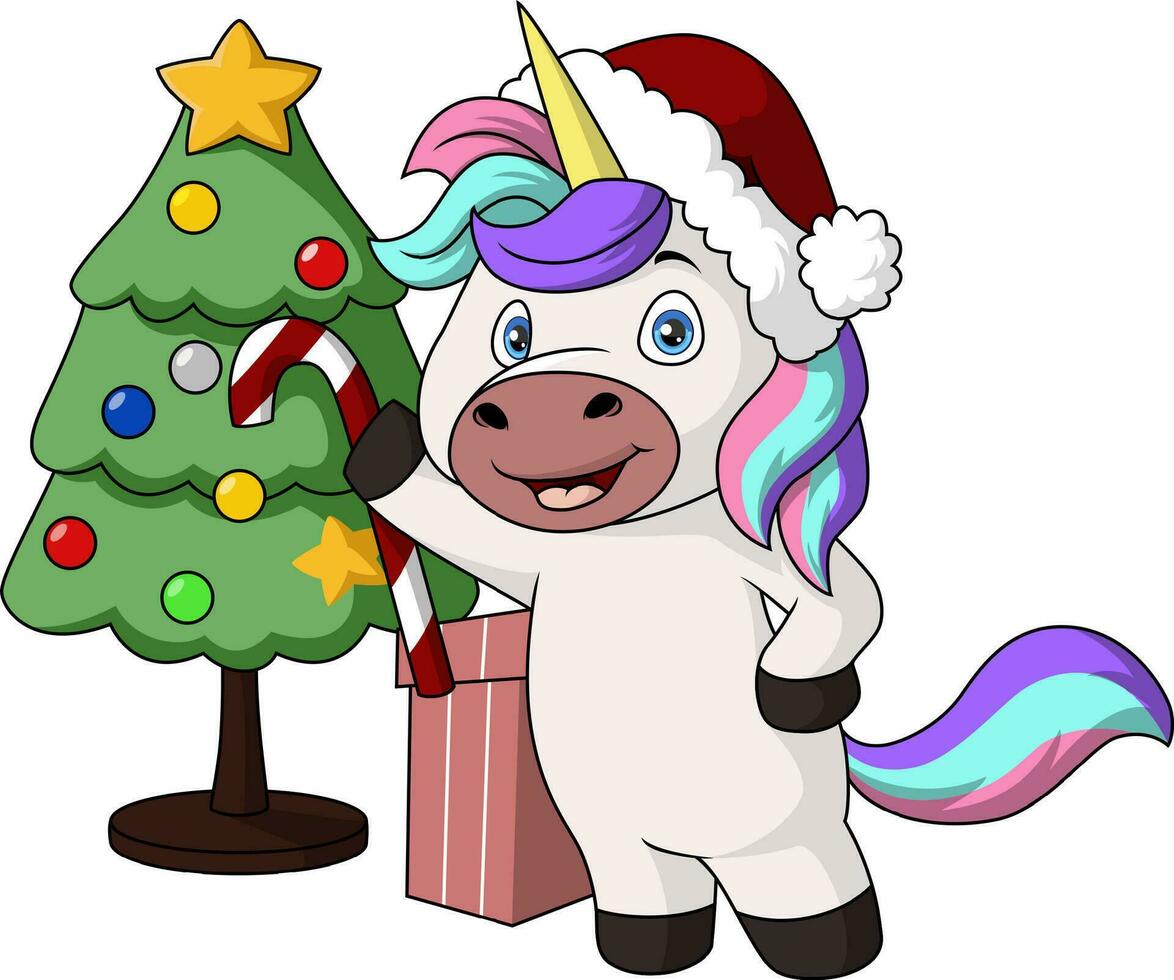 Cute unicorn cartoon wearing santa hat vector