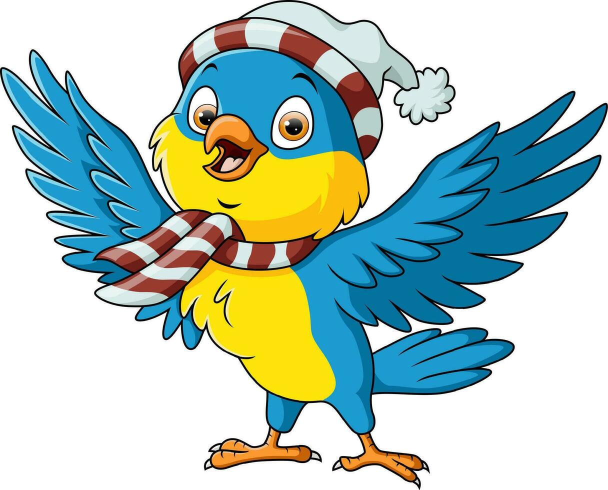 Cute blue bird wearing christmas santa hat and scarf vector