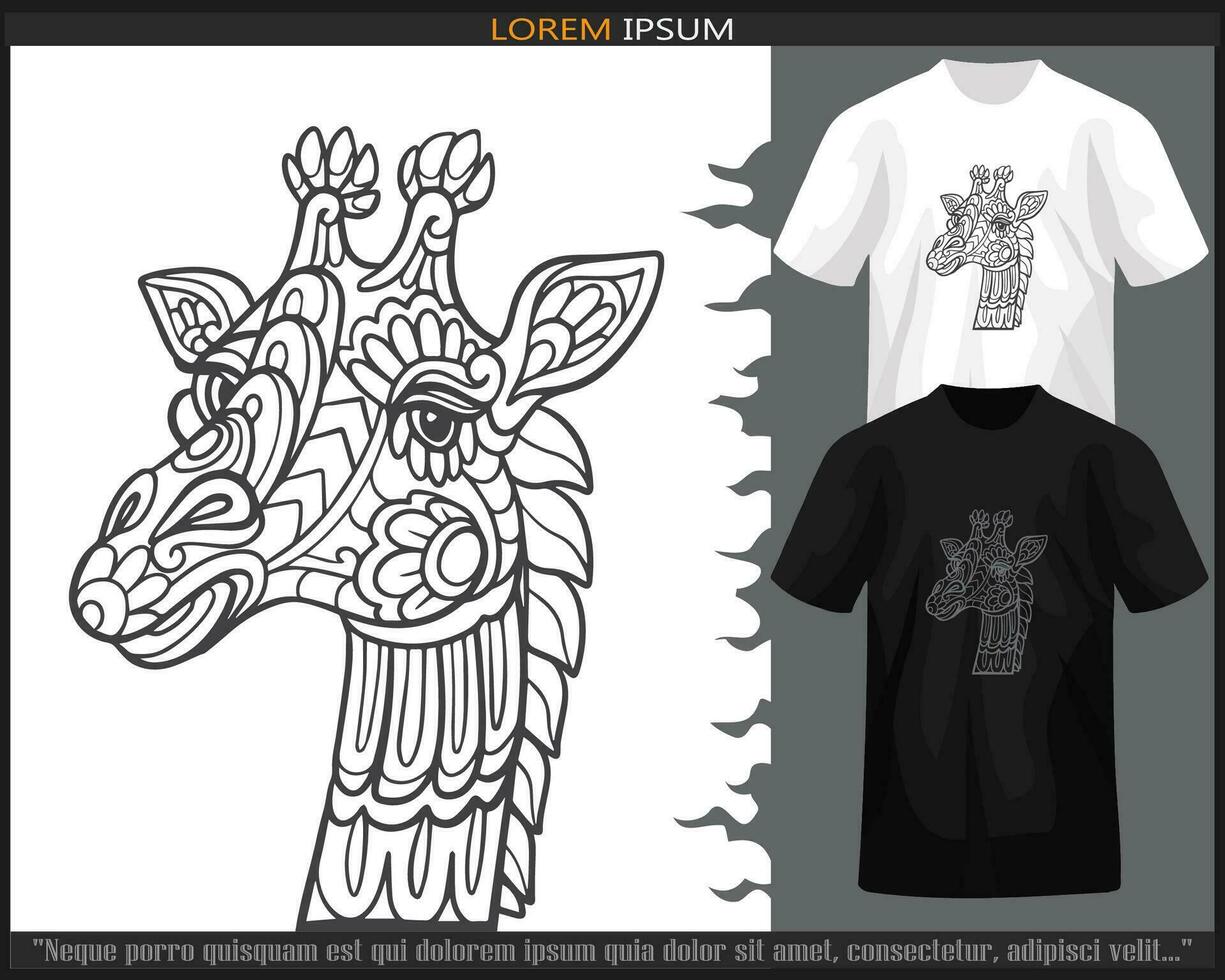 Giraffe head mandala arts isolated on black and white t shirt. vector