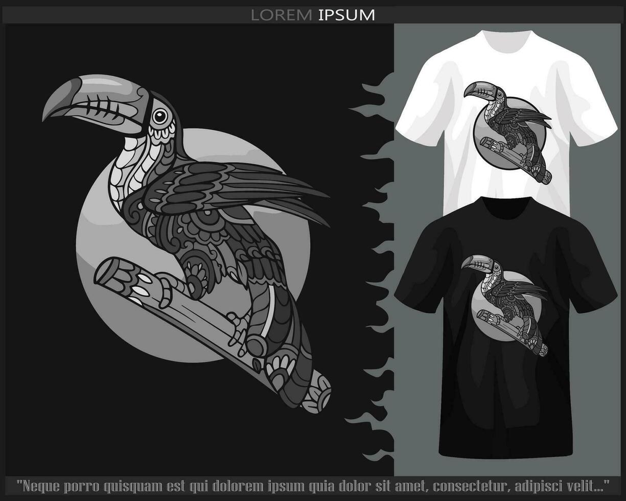 Monochrome toucan bird mandala arts isolated on black and white t shirt. vector