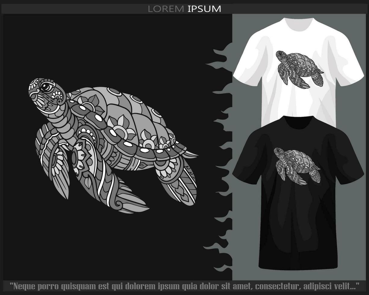 Monochrome sea turtle mandala arts isolated on black and white t shirt. vector