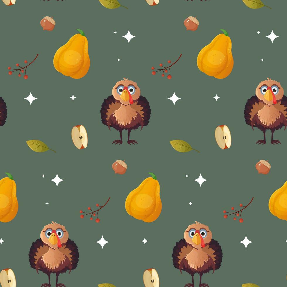 Seamless thanksgiving turkey pumpkin and apple pattern vector