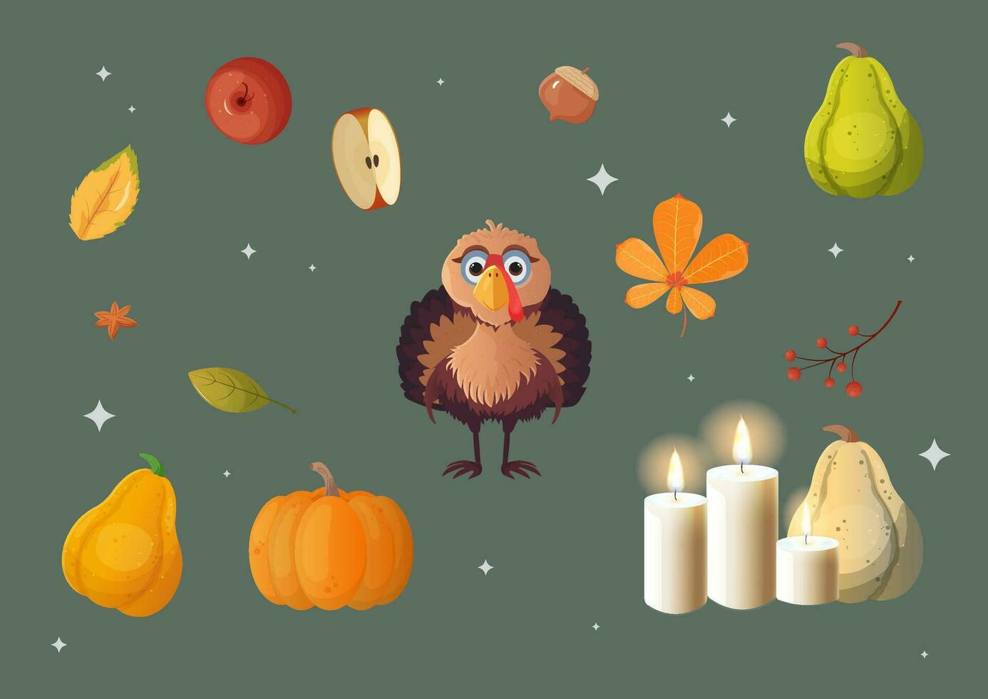 Thanksgiving elements. Turkey, pumpkin, leaves, candles, apple vector