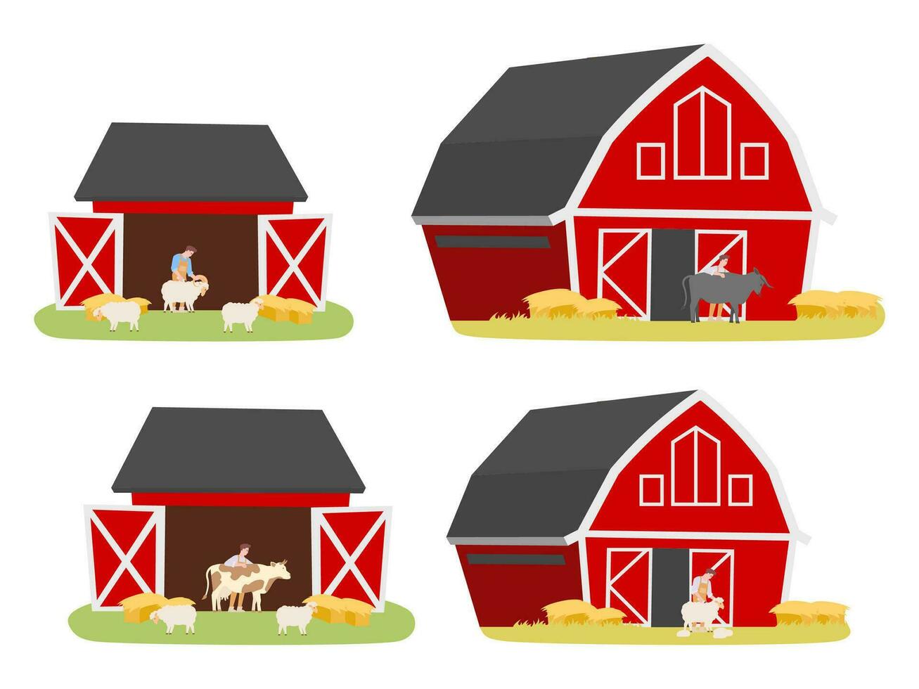 Countryside elements set - red farm barn isolated illustration vector