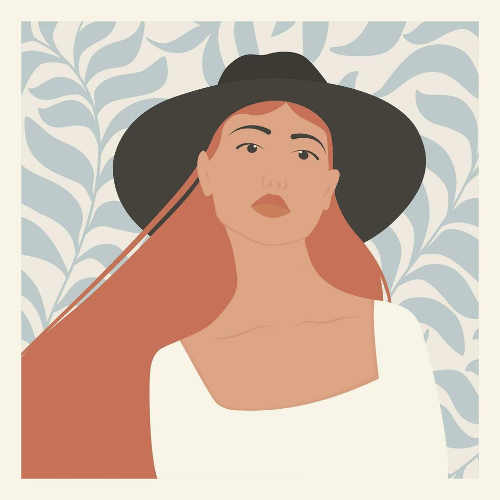 Portrait of young woman in hat aesthetic illustration postcard. vector