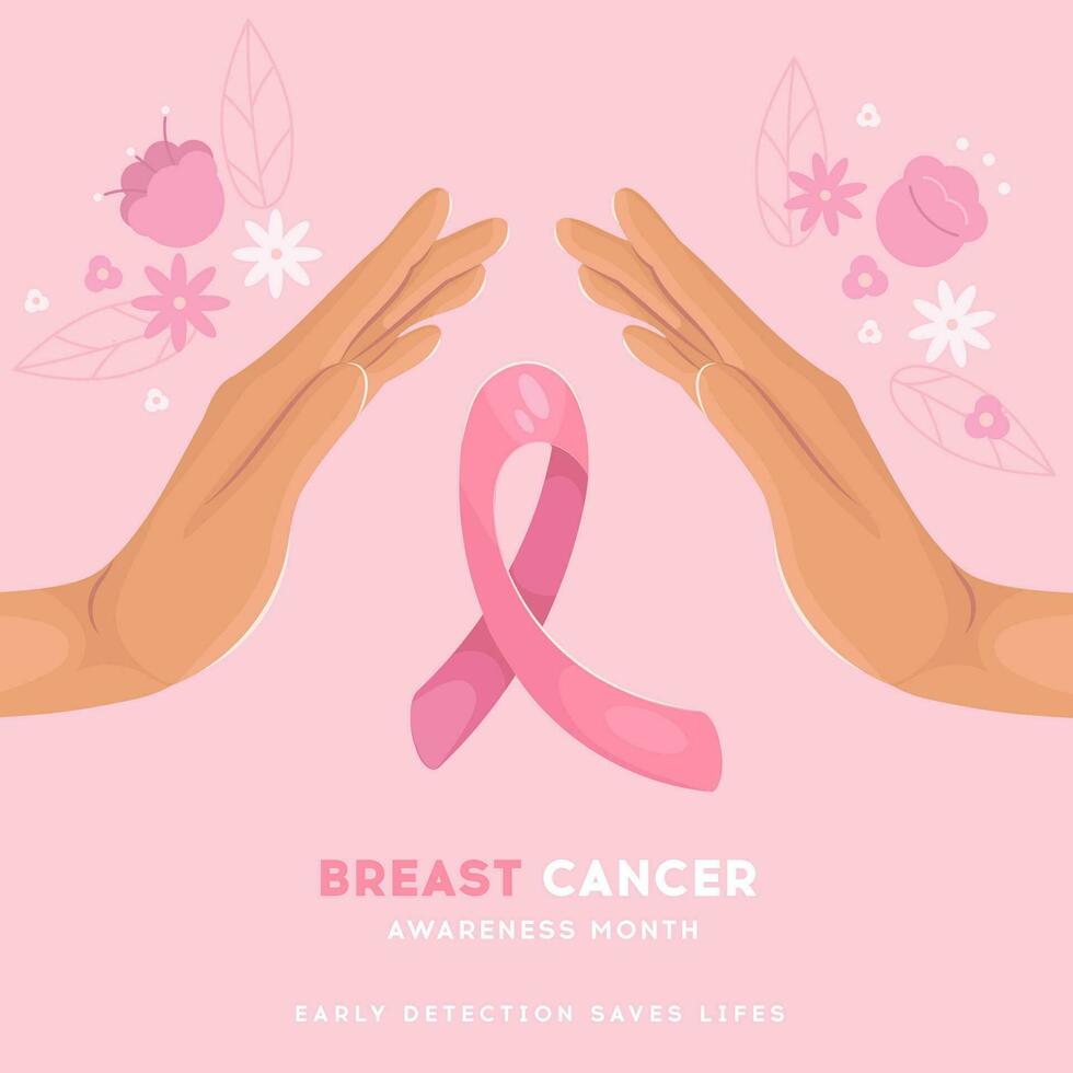 Breast cancer awareness month banner with pink ribbon and hands vector