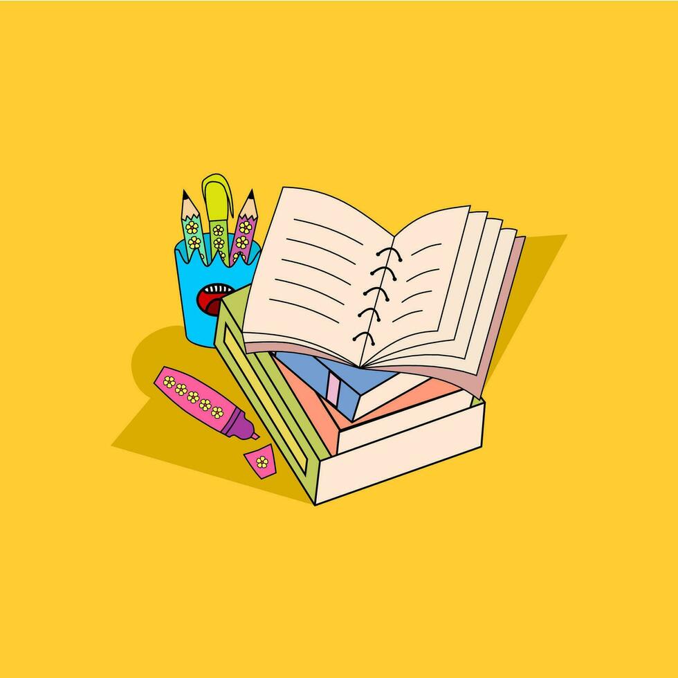 School supplies composition. Included stack of book, open book, color marker, pen eraser and pencil on yellow background. Educational concept. vector