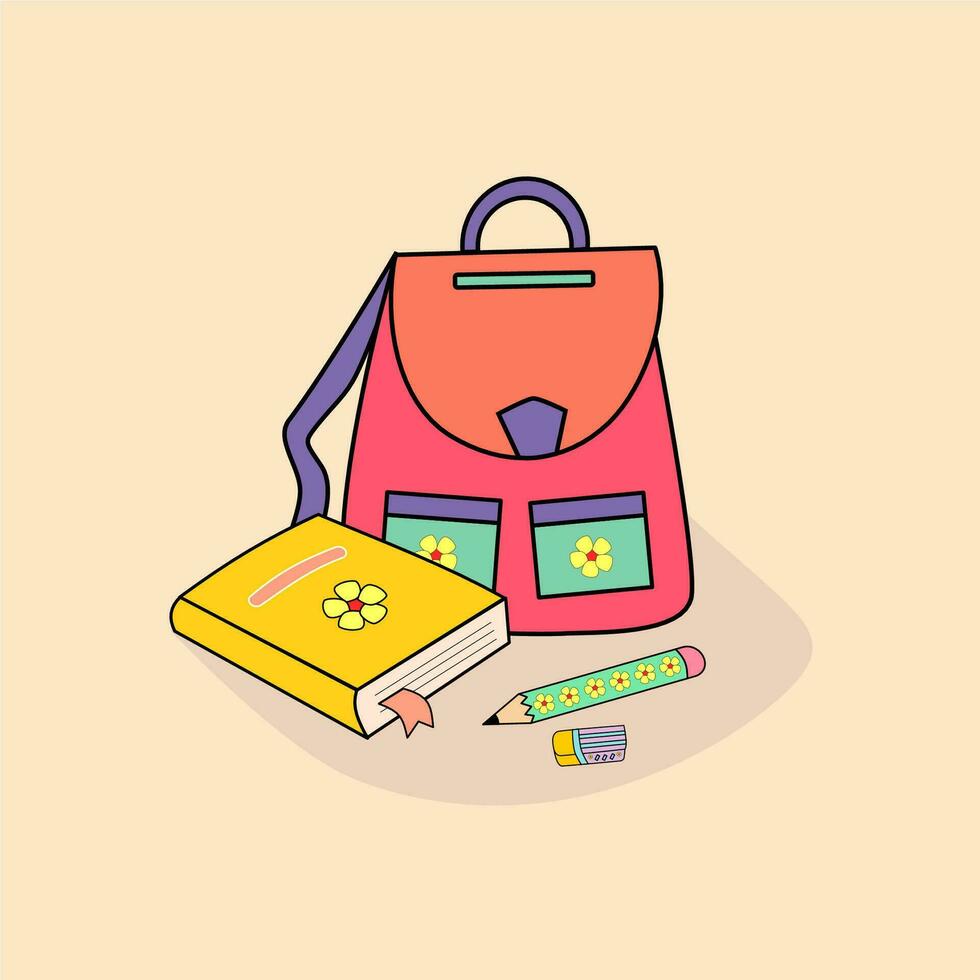 School supplies composition. Included backpack, book, pencil and eraser. Educational concept. vector