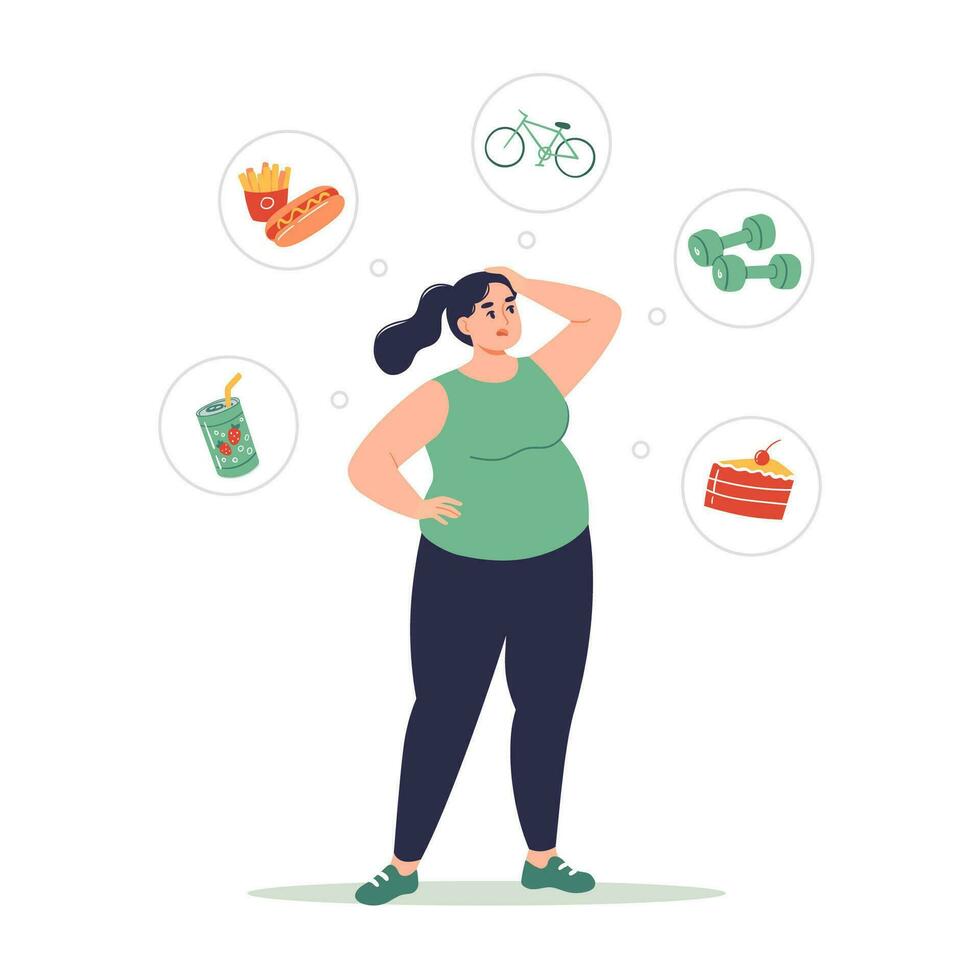 Woman choosing between healthy and unhealthy lifestyle. Overeating as a solace after sports. Food addiction concept. vector