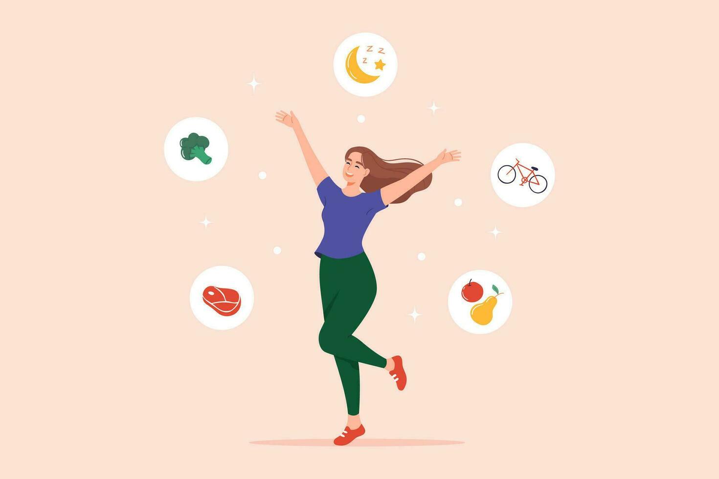 contento mujer Guías un sano estilo de vida. sano estilo de vida concepto. plano vector ilustración.