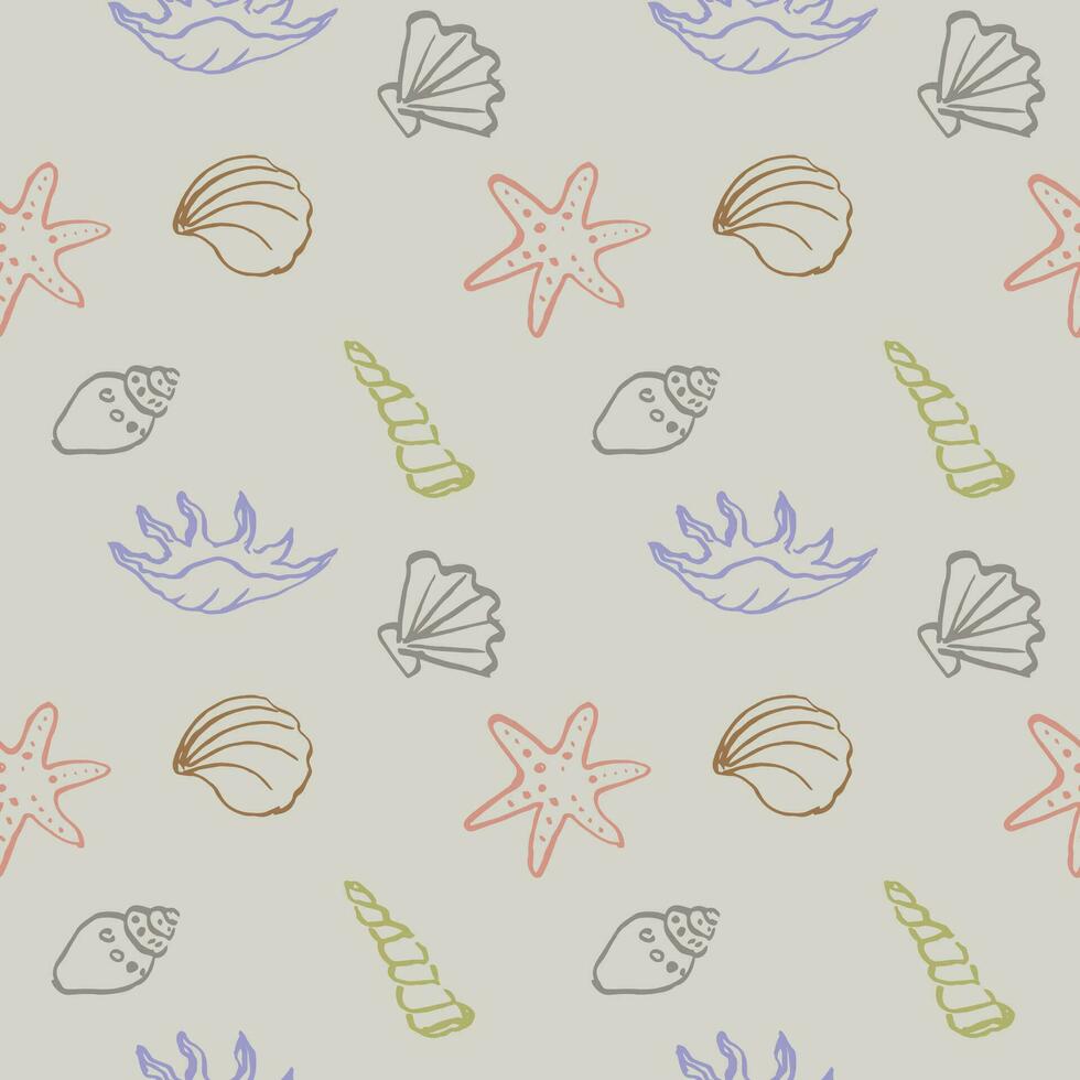 Seashells seamless repeating pattern  background, marine motif. Hand drawn sea shells in pattern for design, textile,web, wrapping paper, packaging design.Travel and leisure vector boho  illustration