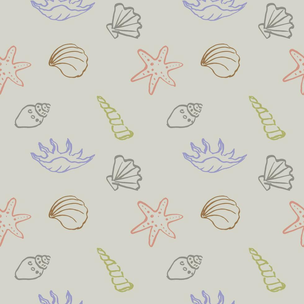 Seashells seamless repeating pattern  background, marine motif. Hand drawn sea shells in pattern for design, textile,web, wrapping paper, packaging design.Travel and leisure vector boho  illustration