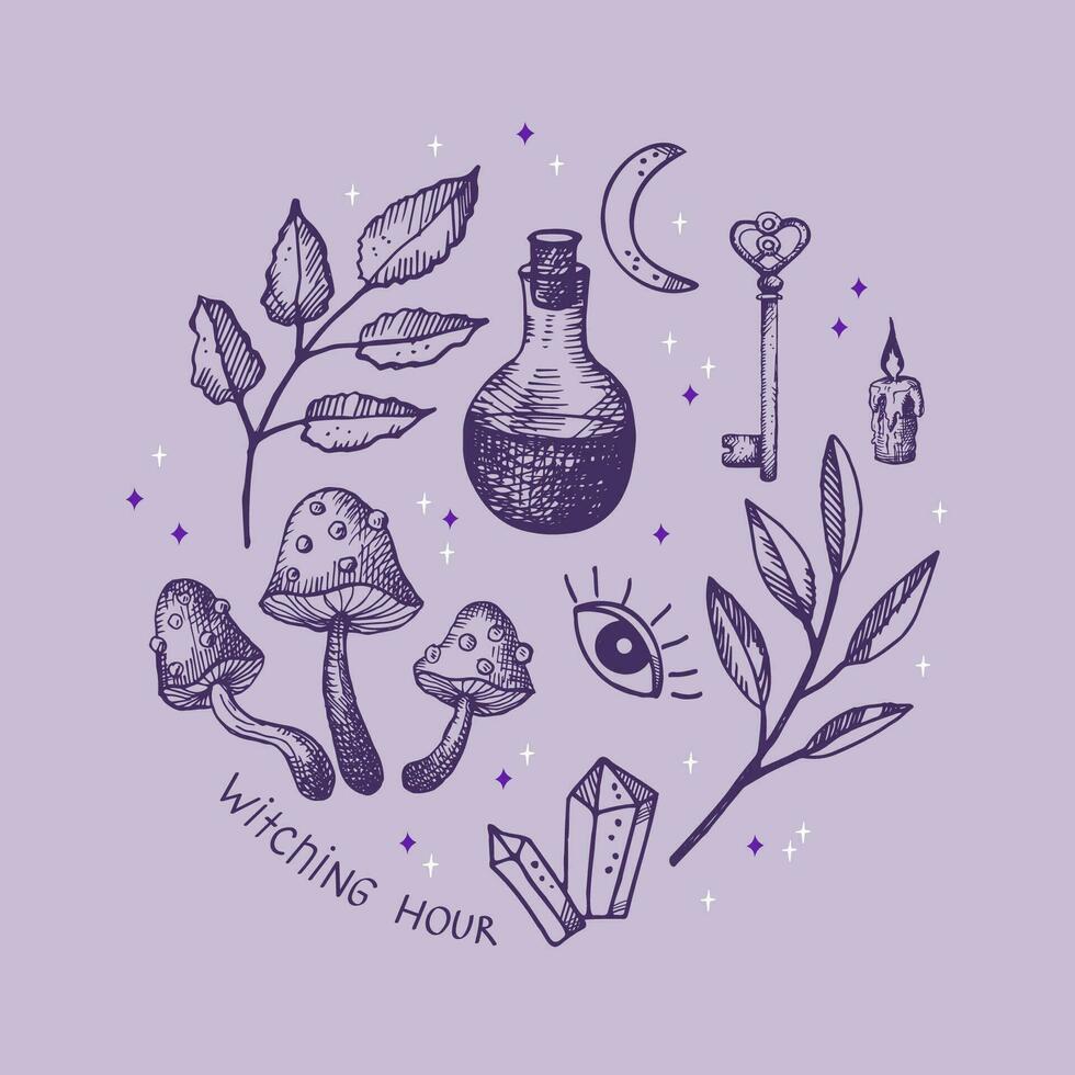 Witching Magical witch illustration symbol set Magic and witchcraft, witch esoteric alchemy boho style. Hand drawn vector illustration design element for poster, label, template, card, print, template