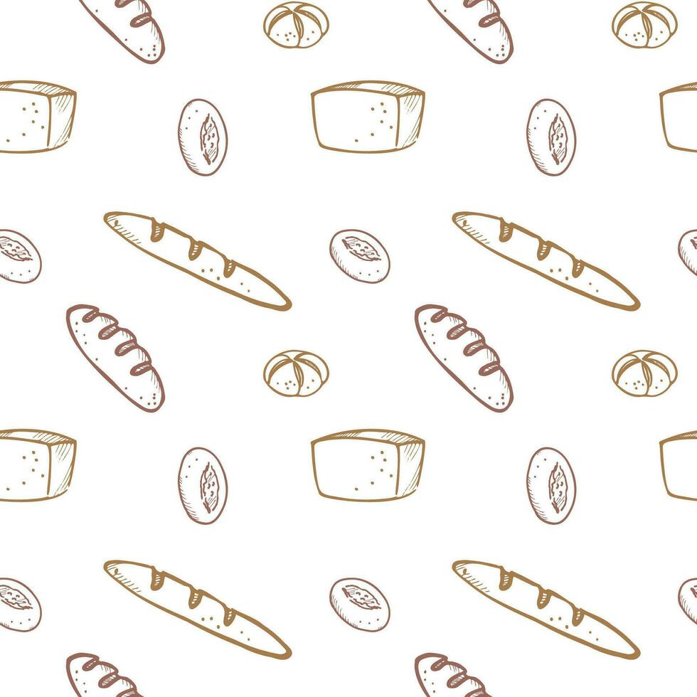 Bakery products seamless pattern vector illustration  background.Hand drawn ornament with bread, bun, croissant . Design element for poster, label, template, card, backdrop, print, menu, wrapping