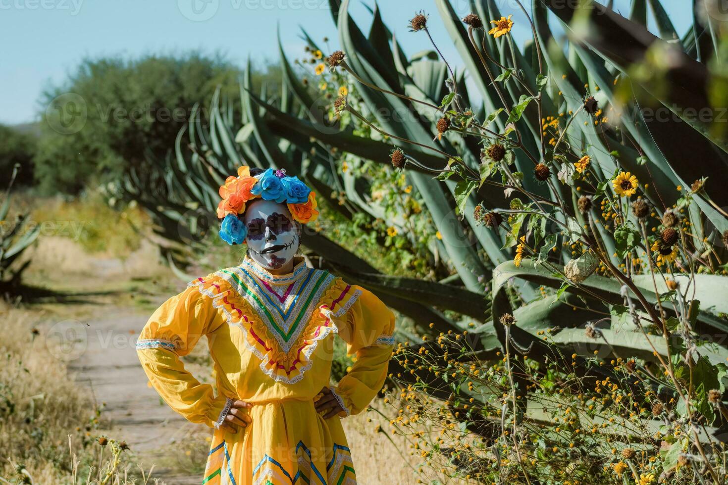 Mexican woman in colorful dress and skull makeup in the mexican desert photo