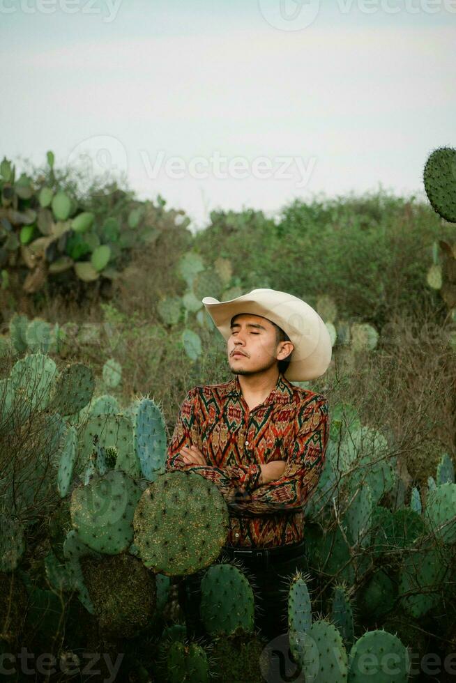 mexicano hombre con sombrero en un cactus paisaje foto