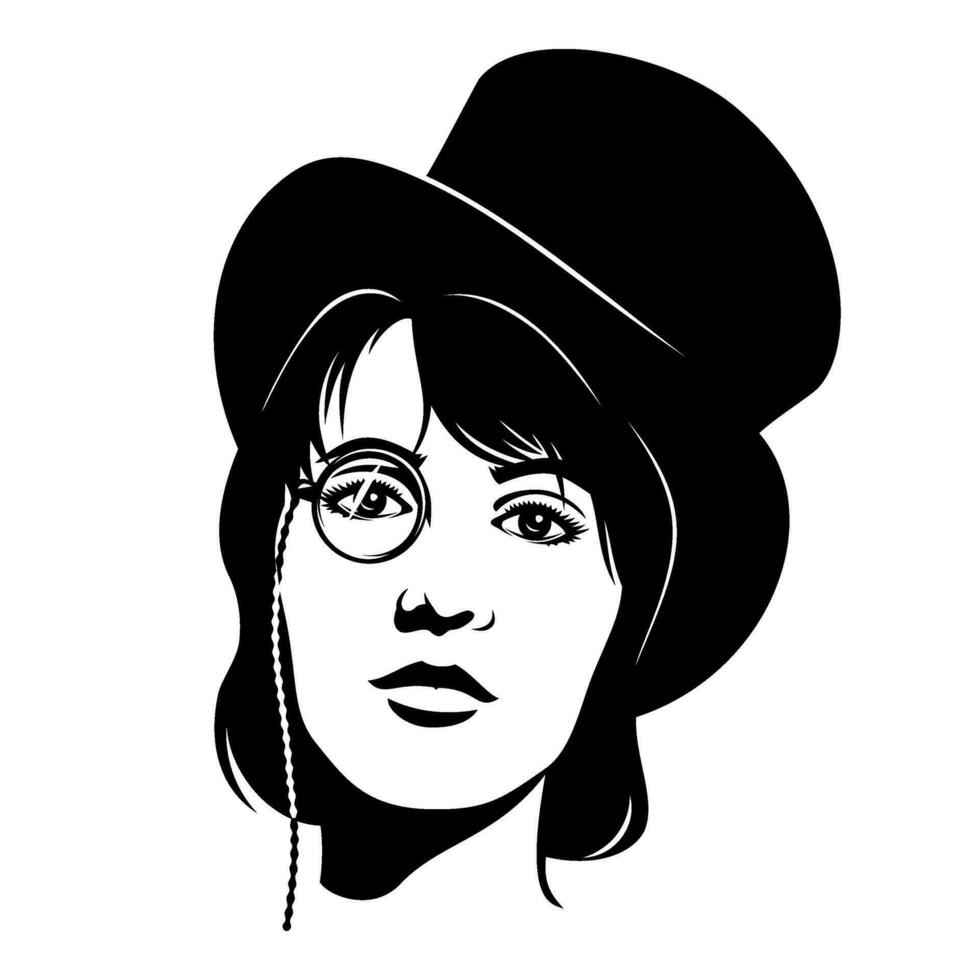 mujer cara silueta.negra y blanco retrato de niña en parte superior sombrero con monóculo. vector clipart aislado en blanco.